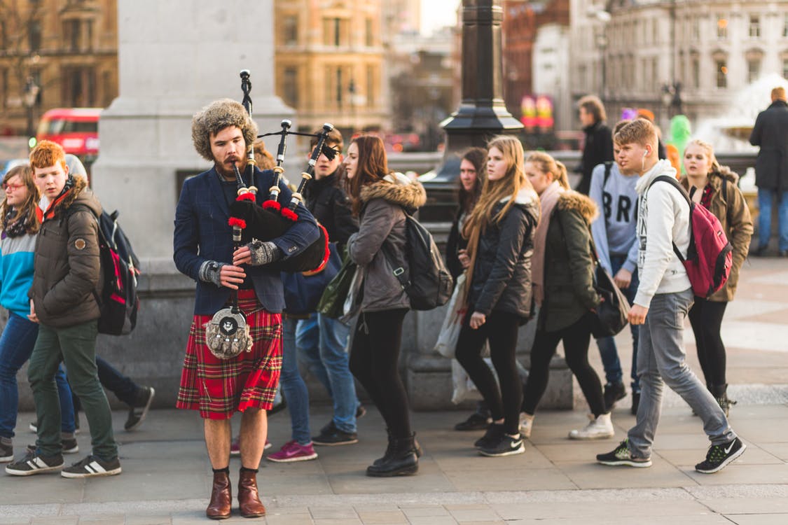 British habits, man in skirt, Scotland, UK, ethnic communication