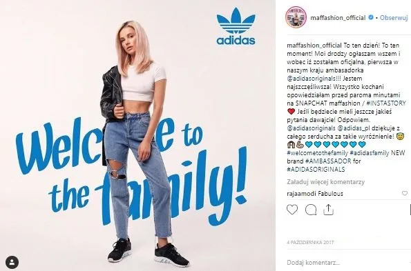 Maffashion’s Instagram posts announcing that she became an ambassador of Adidas Poland. 