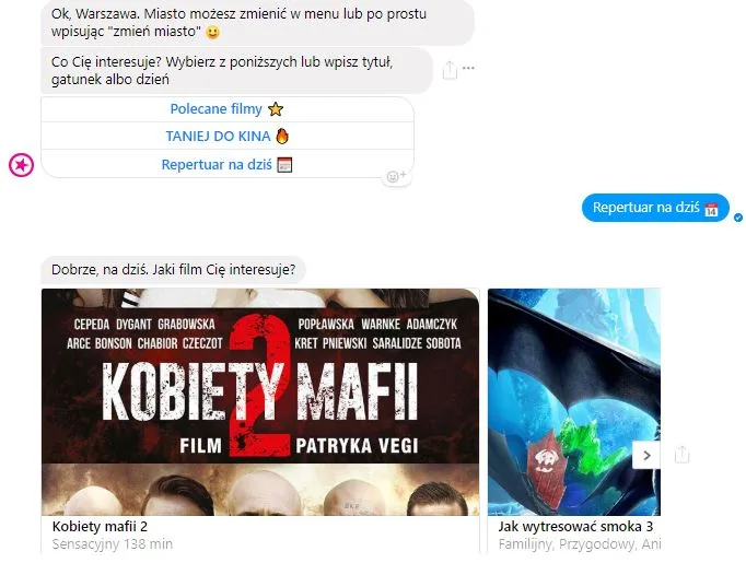 screen shot of a conversation with Multikino Bot via Messenger
