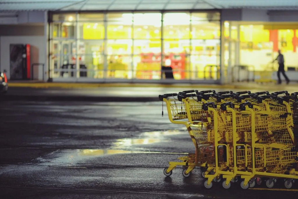 Trolleys in the background of a store