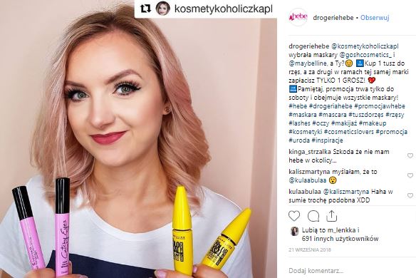 Hebe’s Instagram post with influencer kosmetykoholiczka.pl promoting store’s promotion