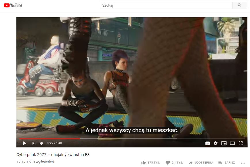A screenshot from a video of the official Cyberpunk 2077 trailer on YouTube