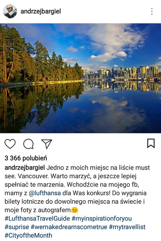 Instagram post made by Andrzej Bargiel promoting Lufthansa campaign
