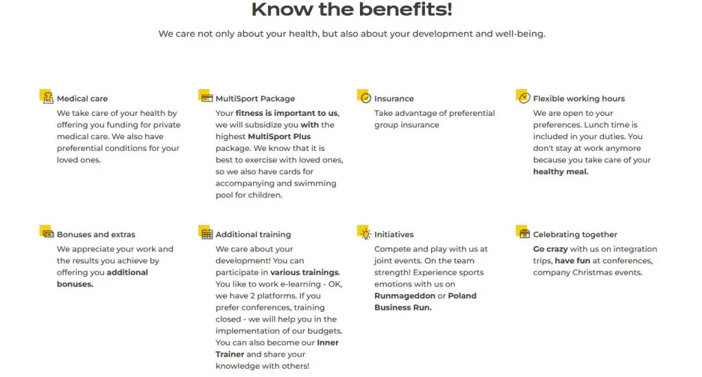 Overview of employee benefits including medical care, MultiSport, insurance, training, bonuses and flexible working hours