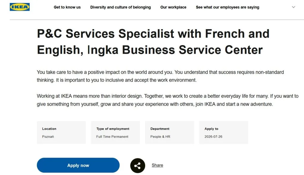 IKEA job offer for a P&C Services Specialist with French and English in Poznań