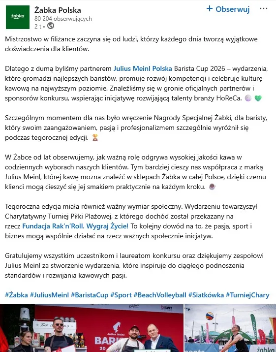 Żabka Polska LinkedIn post about the Julius Meinl Barista Cup 2026 partnership