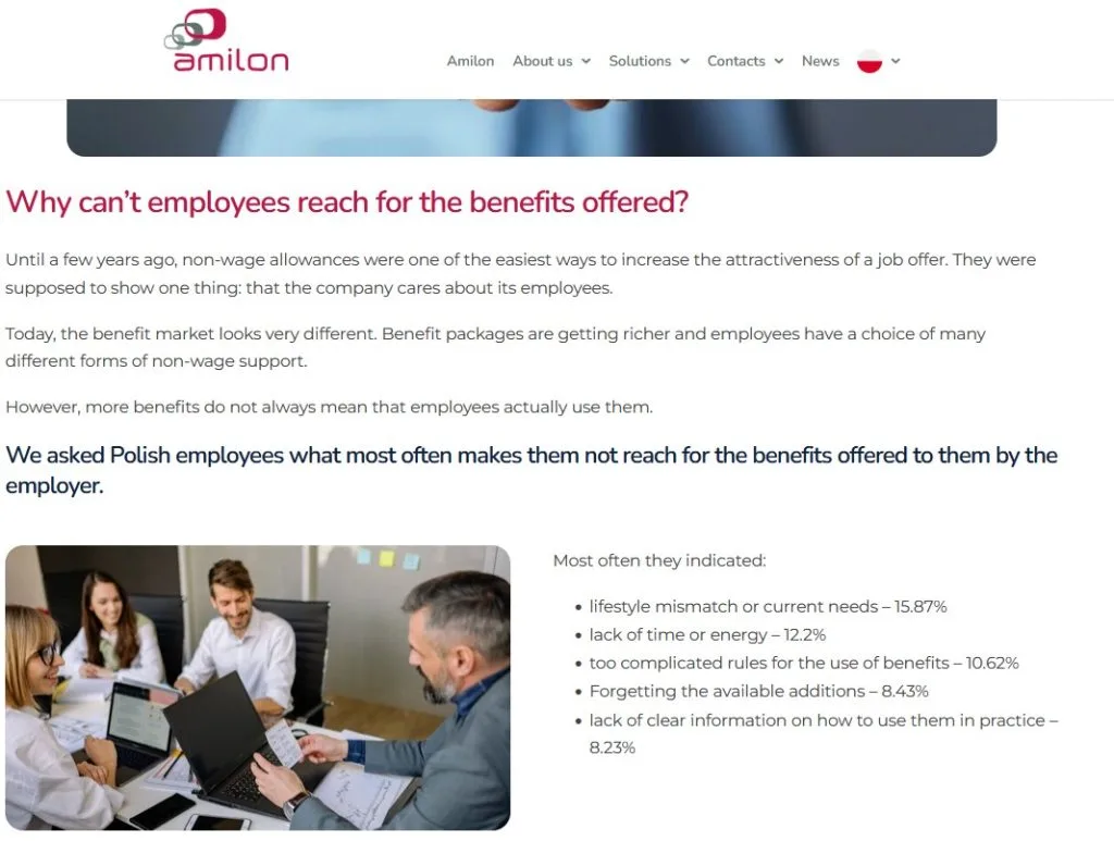 Amilon article showing why Polish employees do not use the benefits offered by their employer