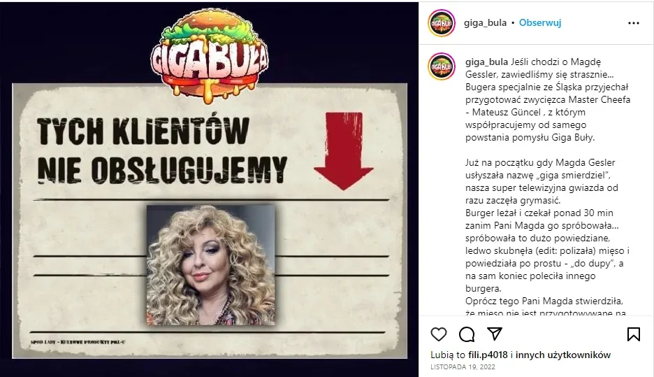 Giga Bula's post criticising collaboration with Magda Gessler