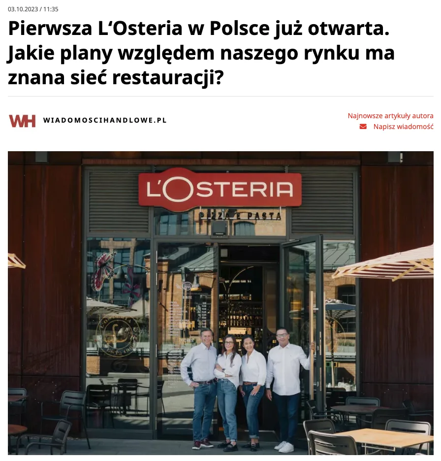 Press release from the opening of the first L'Osteria restaurant in Poland