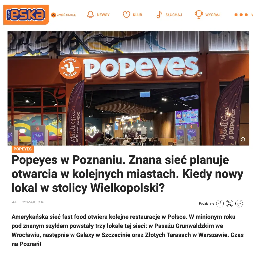 Press release from the opening of Popeyes in Poznań