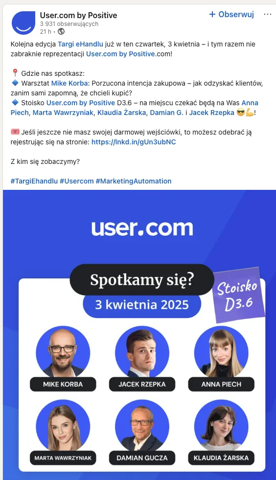 LinkedIn post by User.com in Polish language