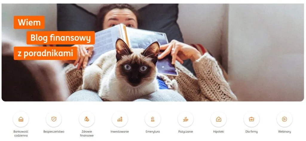 Financial blog banner with guides, a person reading a book and a cat sitting on their lap
