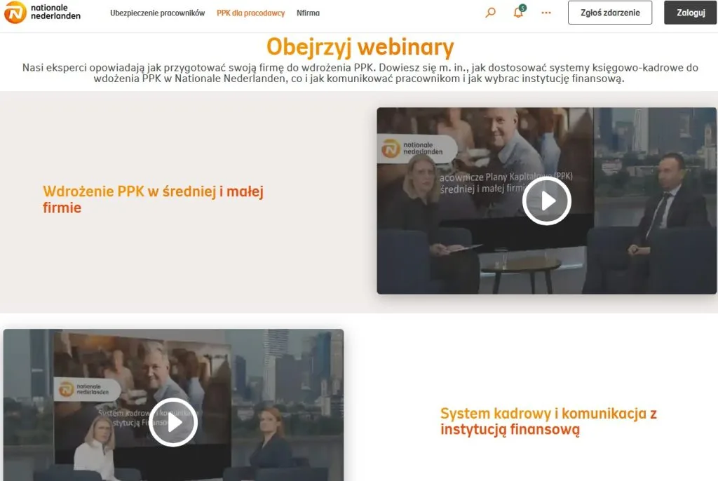 Webinar page of Nationale-Nederlanden presenting employee PPK implementation and financial communication topics