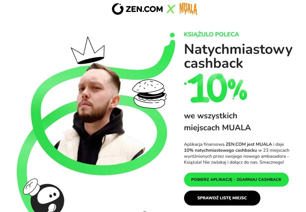 Promotional graphic for the ZEN app featuring 10% instant cashback and brand ambassador