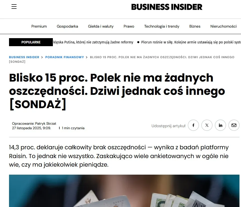 Screenshot of a Business Insider article with a headline about the lack of savings among Polish people, presenting survey results from the Raisin platform.