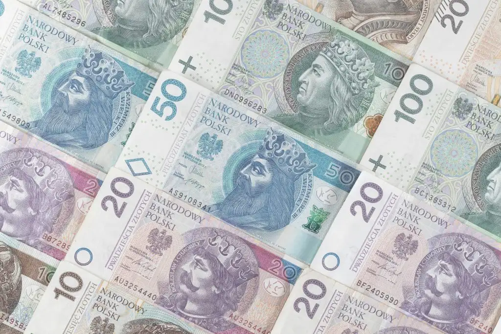 Colorful Polish zloty banknotes arranged side by side, showing denominations of 10, 20, 50, and 100 PLN.