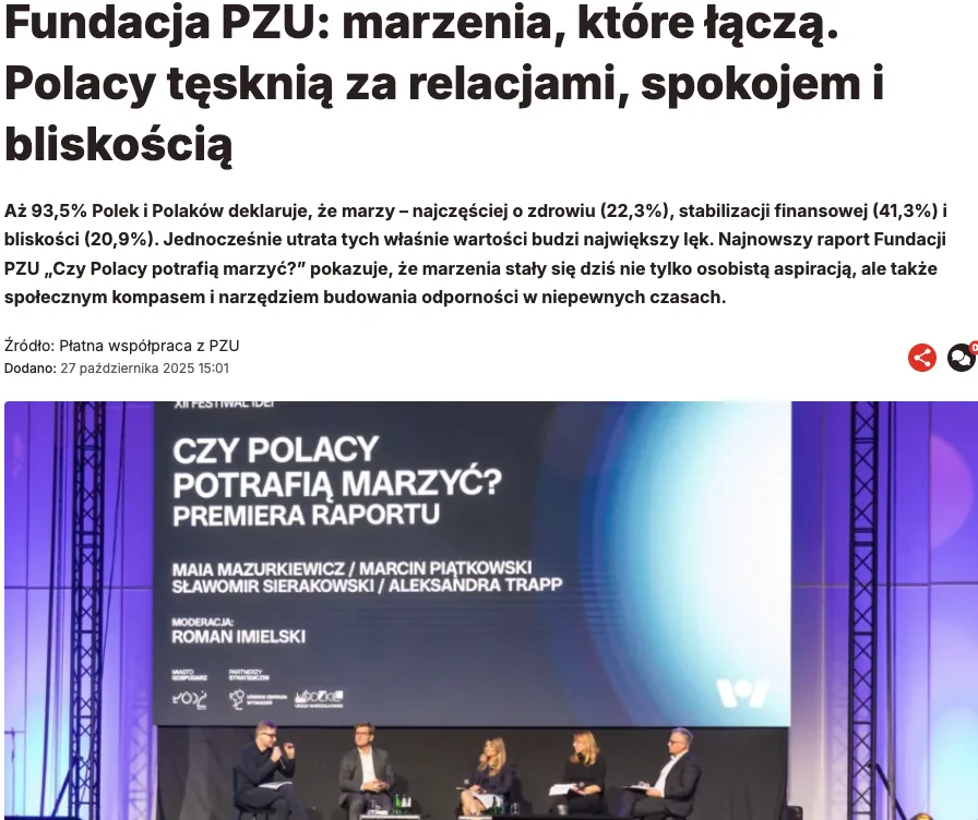 Panel discussion during the premiere of the PZU Foundation report 'Do Poles Still Dream?' about relationships, peace and social aspirations in Poland.