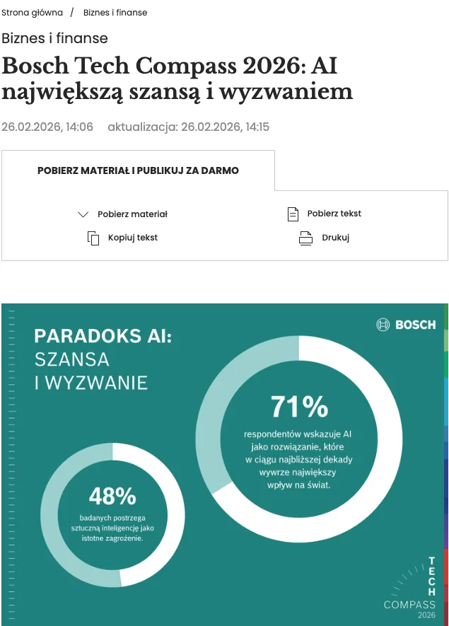 Bosch Tech Compass 2026 report showing AI as the biggest opportunity and challenge, with infographic highlighting 71% and 48% survey results.