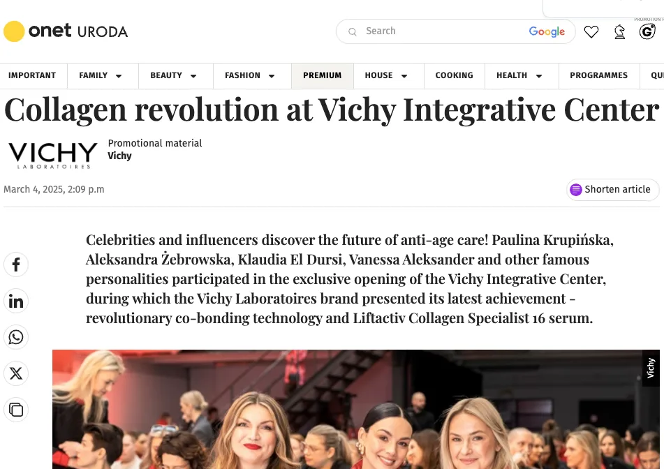 Screenshot of an Onet Uroda article titled “Collagen revolution at Vichy Integrative Center” with a group event photo below the headline