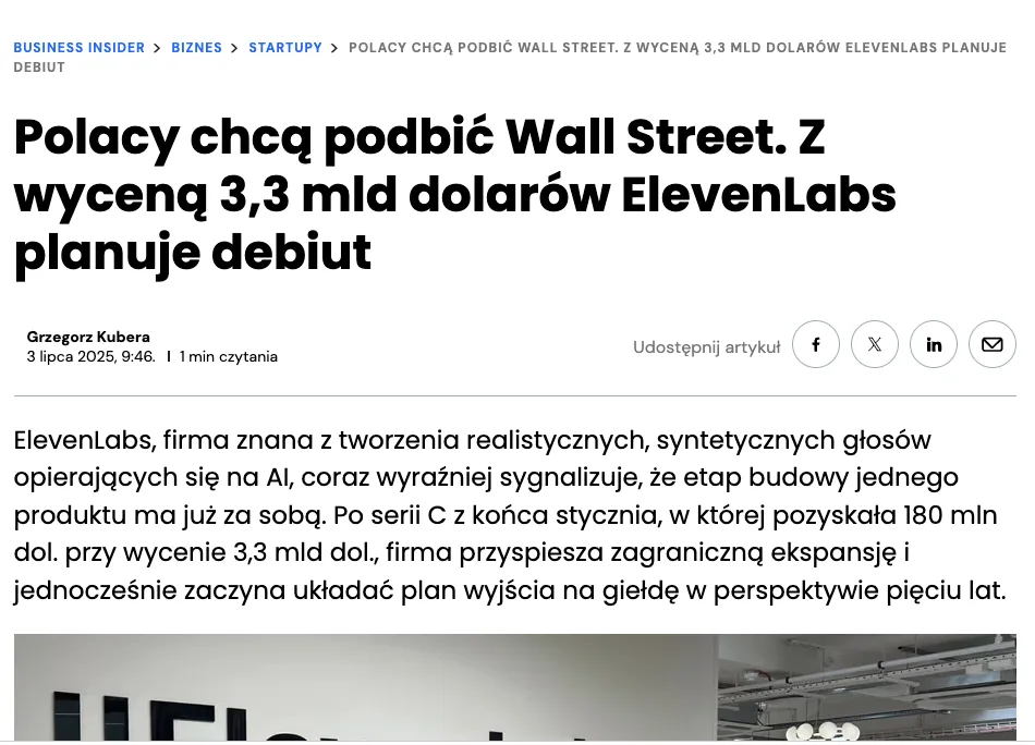 Business Insider article about ElevenLabs planning a Wall Street IPO with a $3.3 billion valuation.