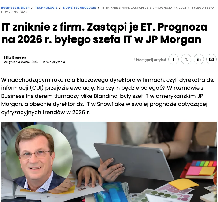 Business Insider article discussing the prediction that IT departments may disappear from companies by 2026, featuring former JP Morgan IT executive Mike Blandina.