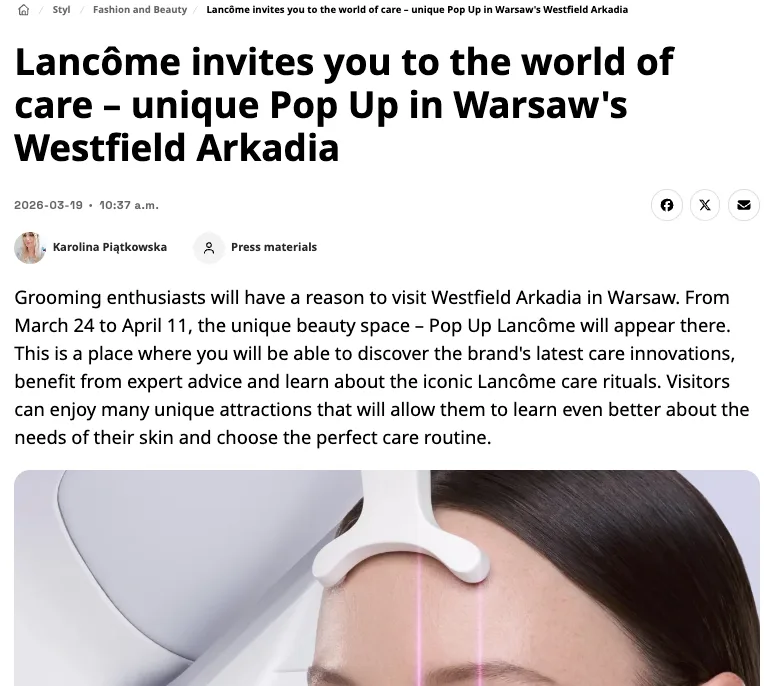 Screenshot of a Super Express article about the Lancôme skincare pop-up at Westfield Arkadia in Warsaw with a close-up beauty image below the text