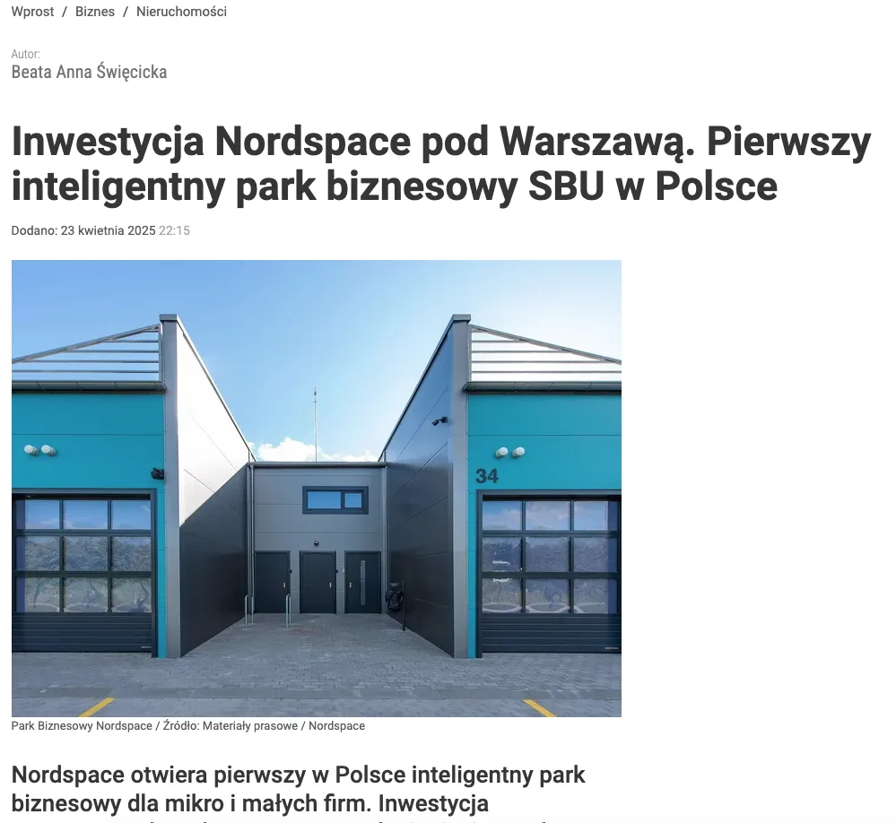 Article about the Nordspace investment near Warsaw, showing a modern business park building in Poland.