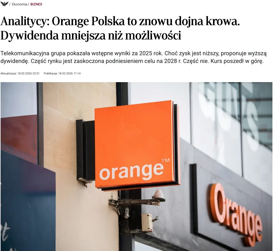 Article about Orange Polska financial results and dividend analysis, featuring the Orange company logo on a building.
