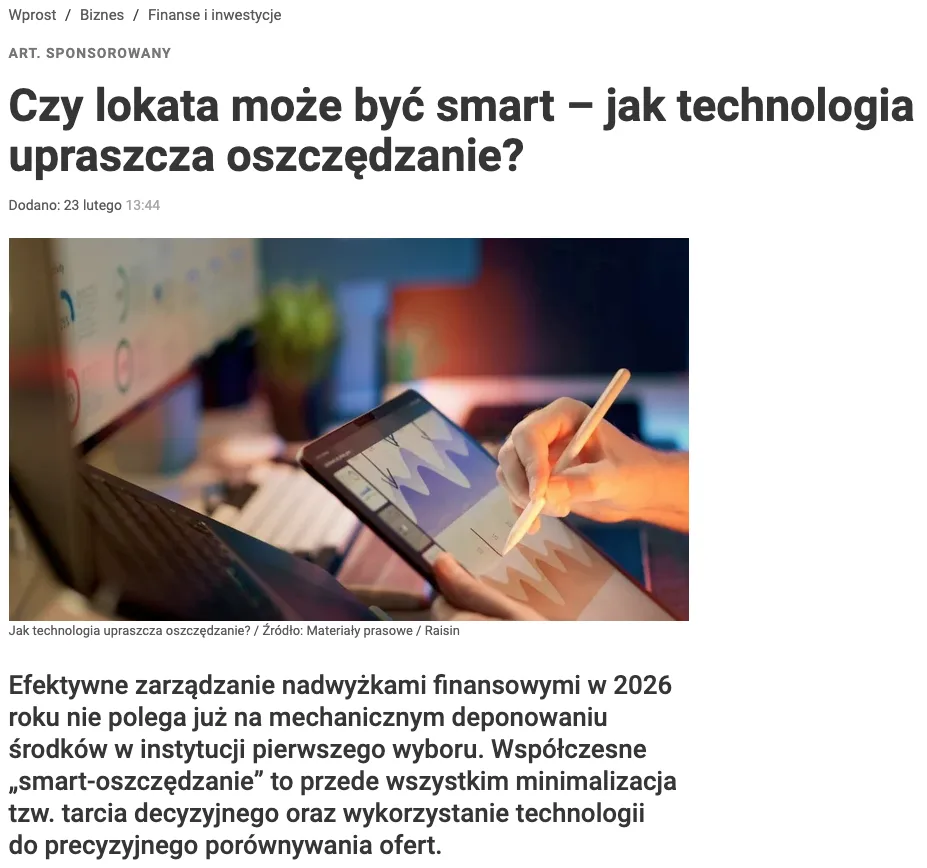 Article about smart savings technology, showing a person using a tablet with financial charts on screen.