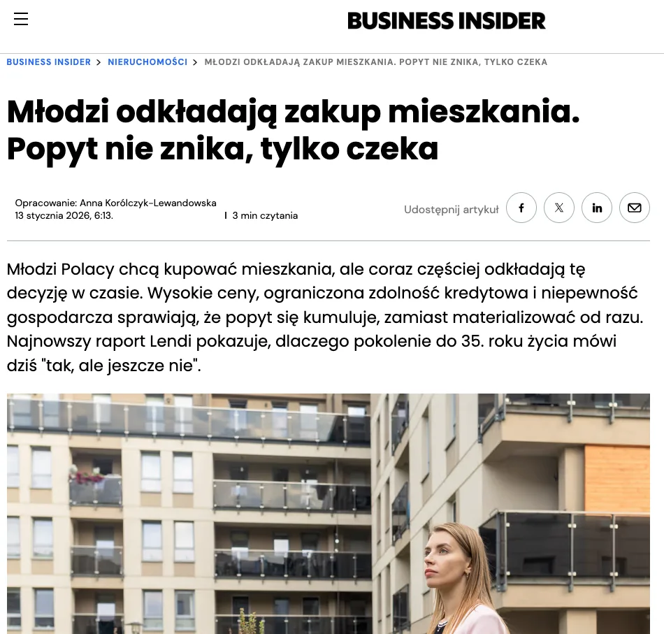 Business Insider article about young people in Poland delaying home purchases, with a woman standing in front of apartment buildings.