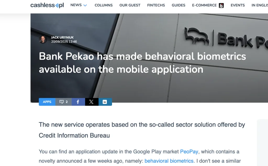 Article about Bank Pekao introducing behavioral biometrics technology in its mobile banking application for enhanced security