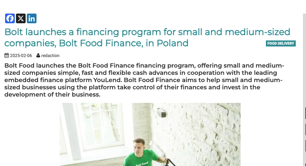Article about Bolt launching Bolt Food Finance in Poland, offering financing solutions for small and medium-sized businesses