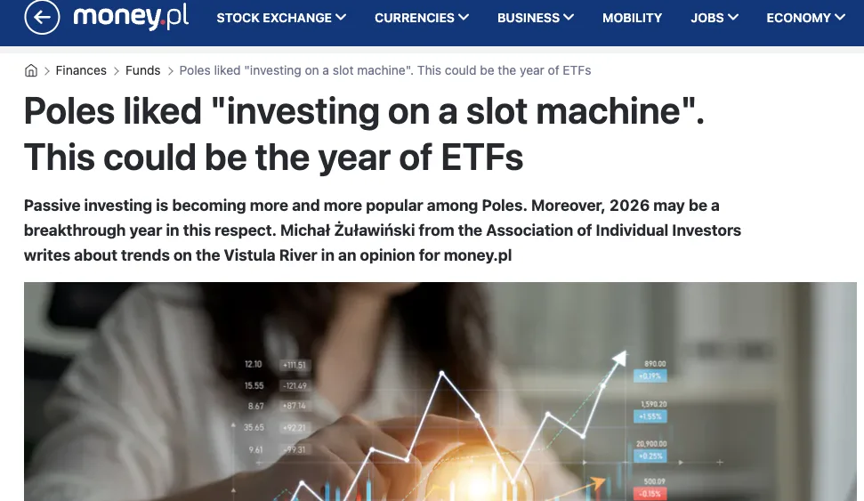 Article about growing popularity of ETF investing in Poland, highlighting passive investment trends and market growth projections