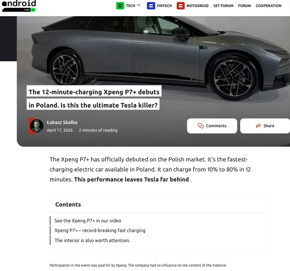 Example of a press article by XPeng published on the website of Android.com.pl about the launch of a new car in Poland