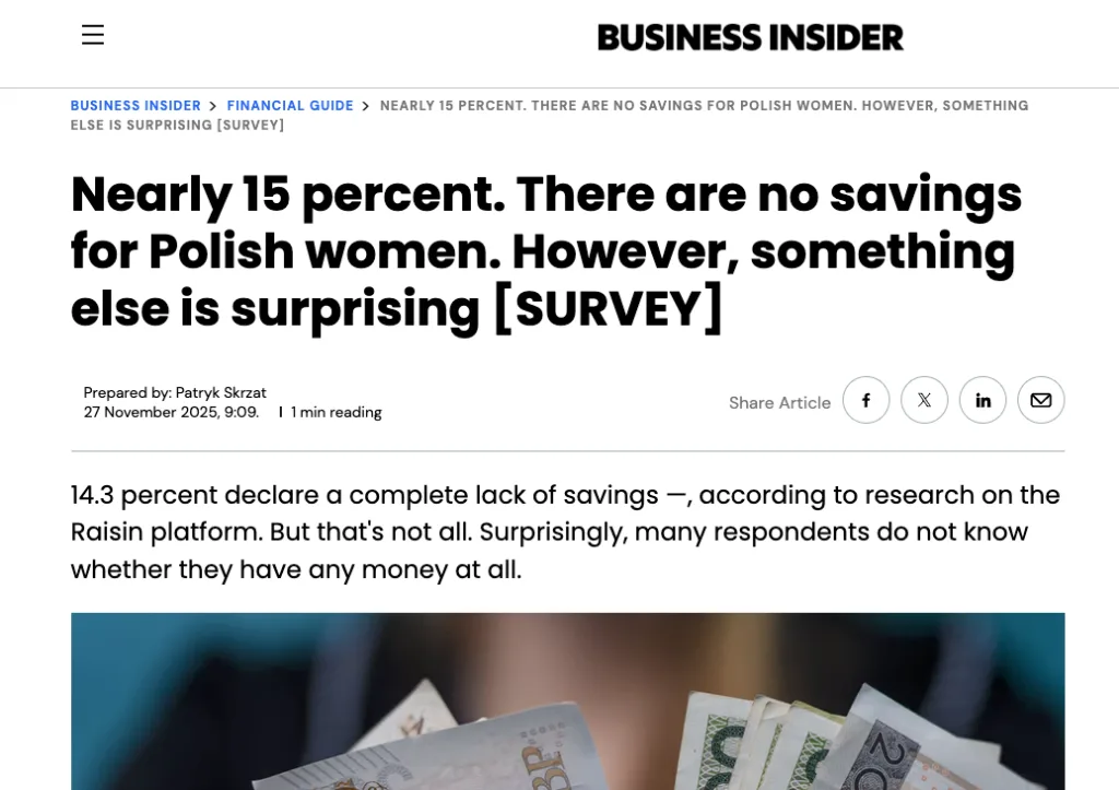 Business Insider article about a survey showing many Polish women have no savings and limited financial awareness