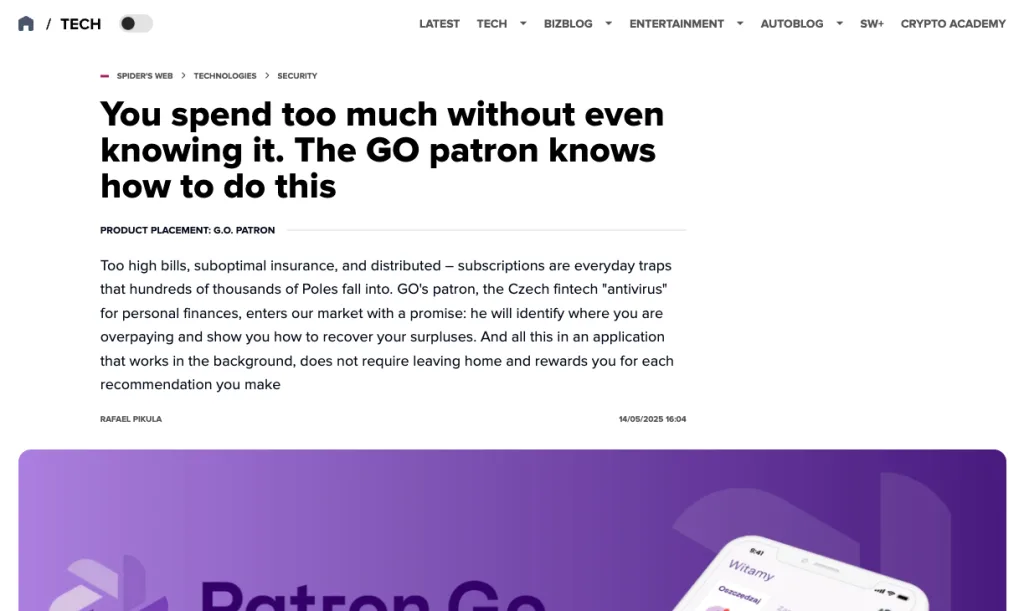 Tech article page titled “You spend too much without even knowing it” describing a fintech app (GO Patron) that tracks spending and identifies savings opportunities