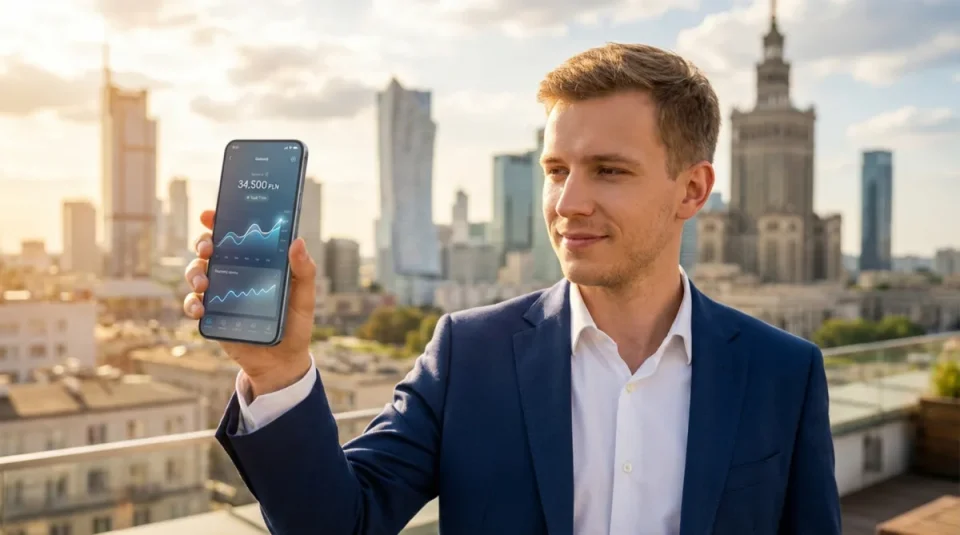 Man in a suit holding a smartphone displaying a financial app with growth charts against a modern city skyline background