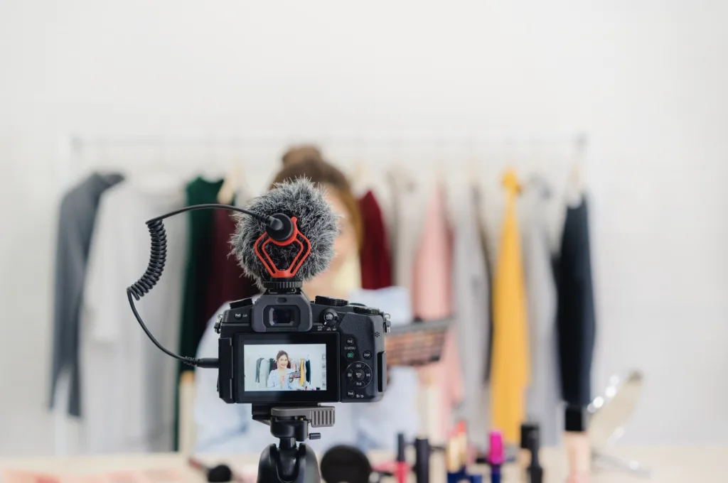 Video production setup for a fashion content shoot with camera equipment and model in studio