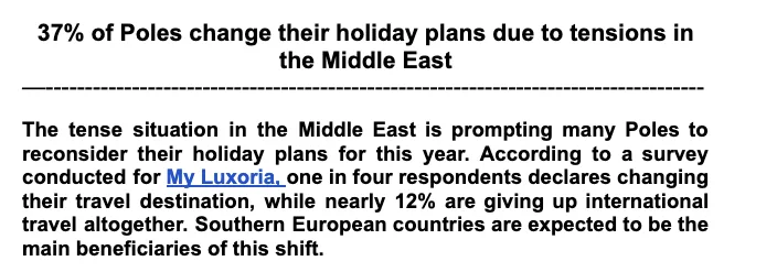 Statistics about Poles changing holiday plans due to Middle East tensions
