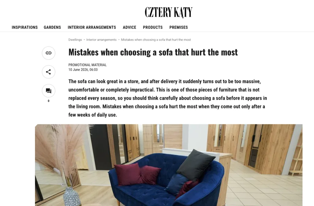 Article about common mistakes when choosing a sofa, featuring a blue sofa in a furniture showroom