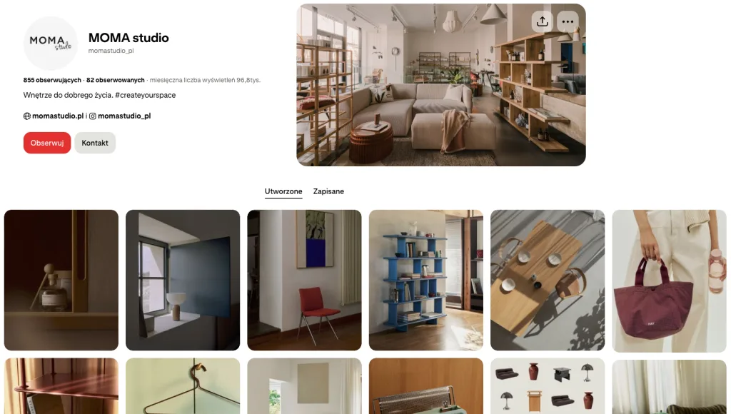 MOMA Studio Pinterest profile showcasing modern interior design, furniture and home accessories