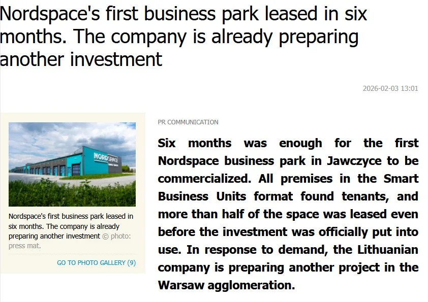Nordspace business park in Jawczyce fully leased within six months