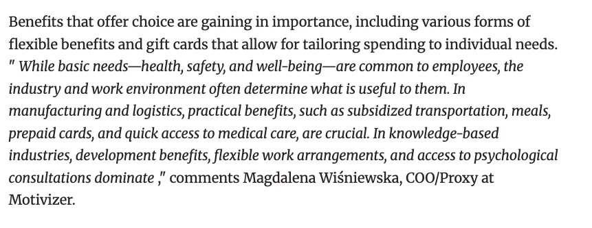 Quote by Magdalena Wiśniewska about flexible employee benefits tailored to different industries and individual needs