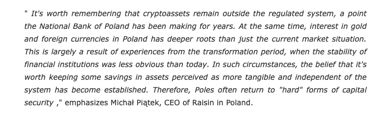 Quote by Michał Piątek about cryptoassets, gold and financial security in Poland