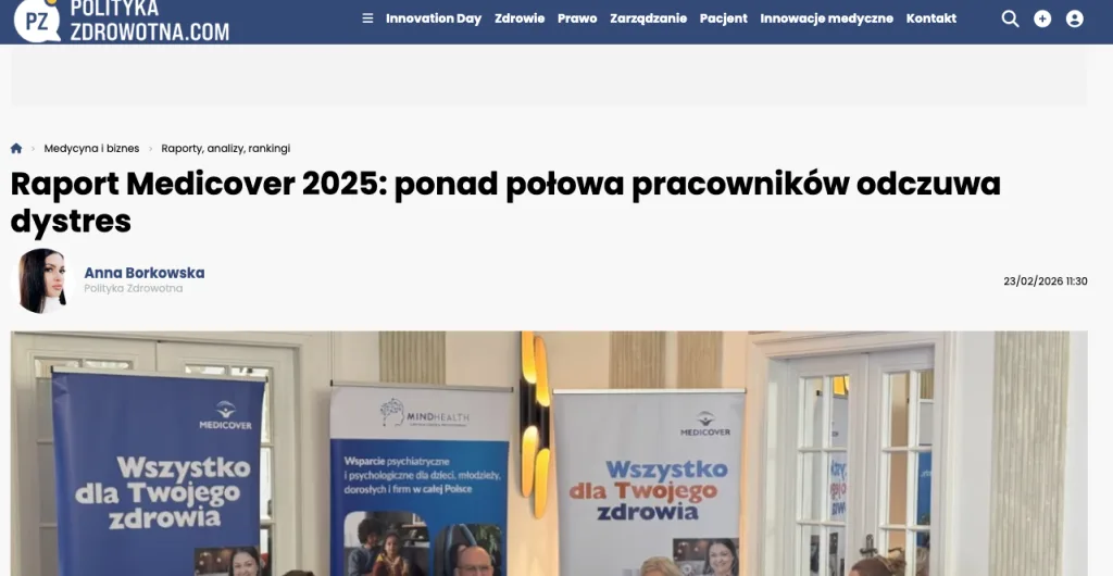 Polityka Zdrowotna article about the Medicover 2025 report on employee distress