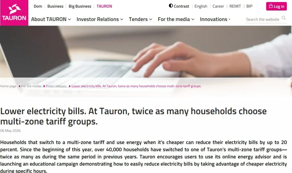 TAURON webpage about lower electricity bills with multi-zone tariff groups