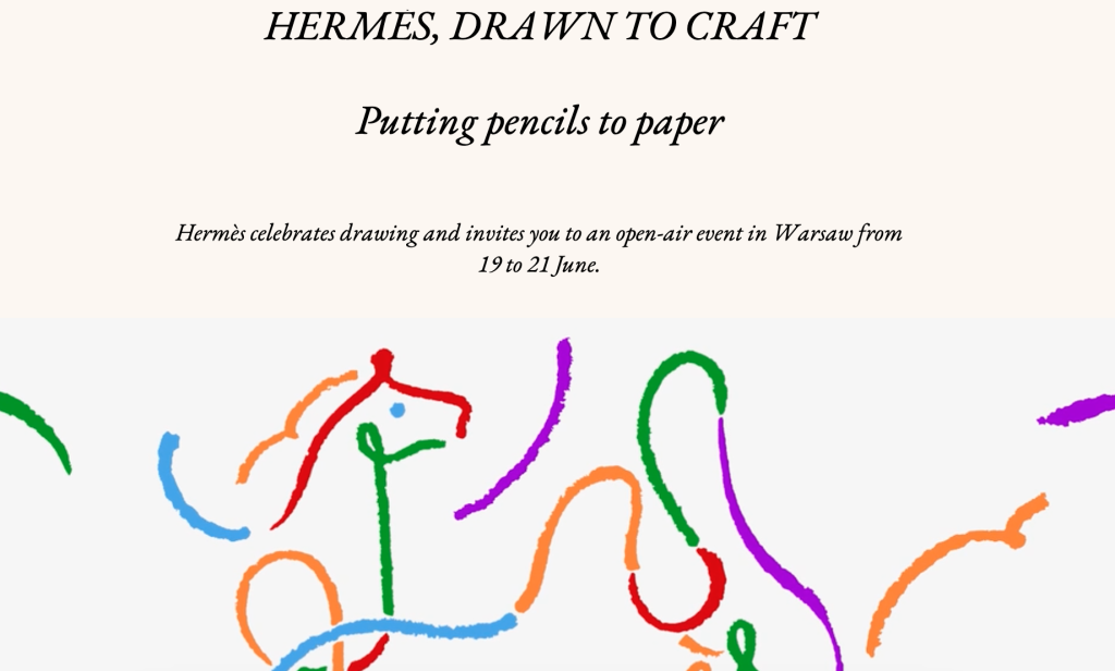Screenshot of a Hermès "Drawn to Craft" webpage promoting an open-air drawing event in Warsaw from June 19 to 21, featuring a colorful abstract line drawing of a horse.