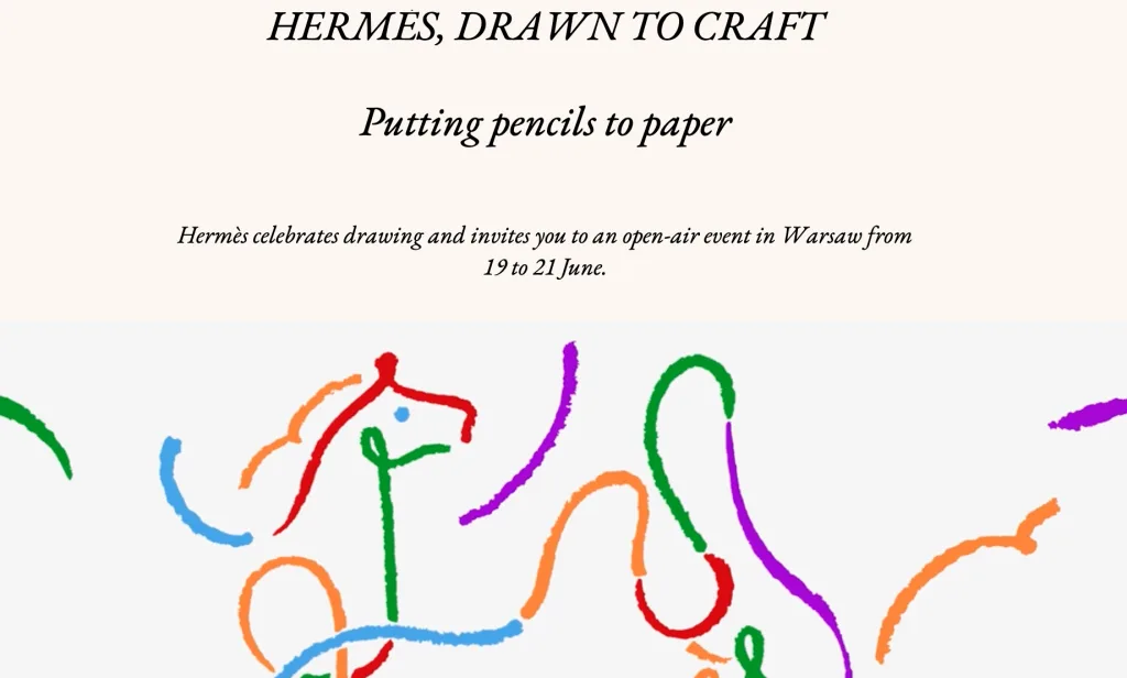 Screenshot of a Hermès "Drawn to Craft" webpage promoting an open-air drawing event in Warsaw from June 19 to 21, featuring a colorful abstract line drawing of a horse.