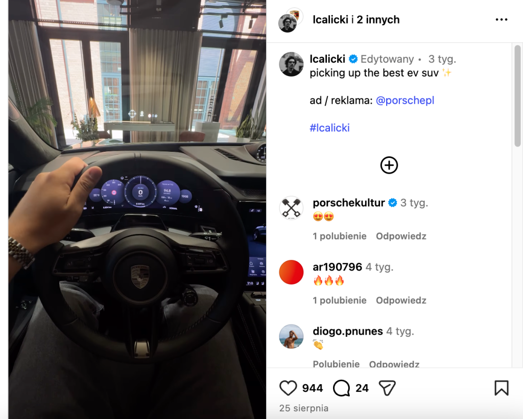 Screenshot of an Instagram post showing a driver's point of view behind the wheel of a Porsche EV SUV, with a caption about picking up the car in partnership with Porsche.
