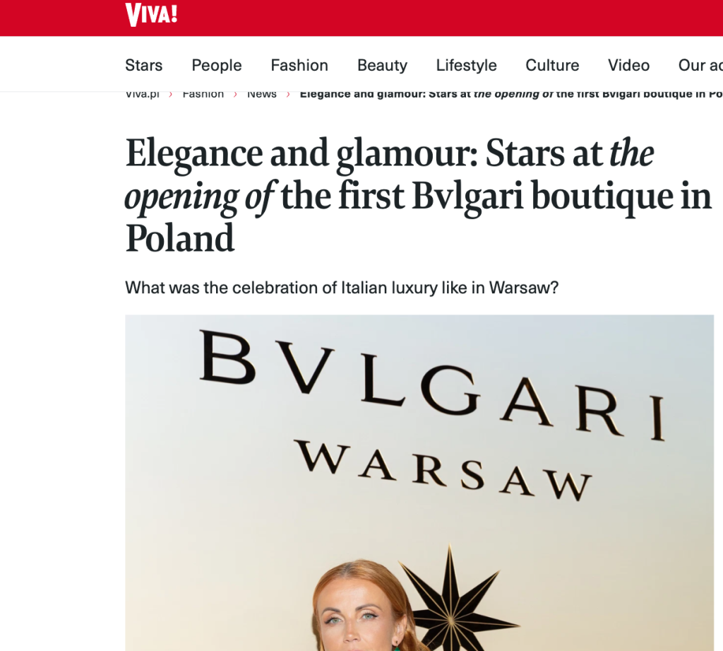 Screenshot of a Viva! magazine article titled "Elegance and glamour: Stars at the opening of the first Bvlgari boutique in Poland," featuring the Bvlgari Warsaw logo.
